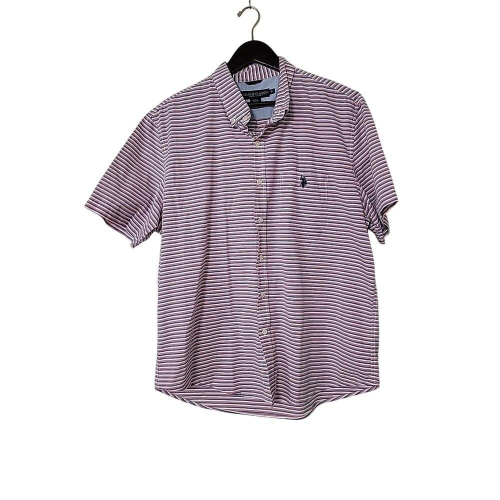 Us Polo Assn Shirt Short Sleeve Button Up Pink White Blue Striped  XL Cotton EUC
